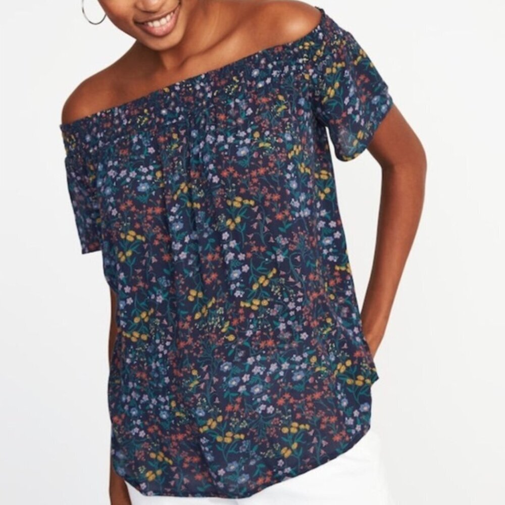 OLD NAVY Floral Off the Shoulder Top Navy Blue Red Yellow Short Sleeve Boho M